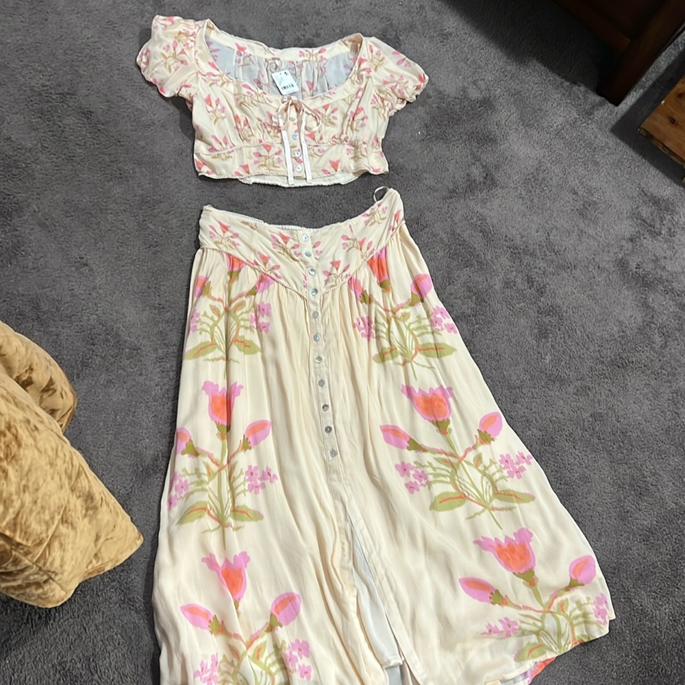 Free People Cream and Pink Floral Maxi Set